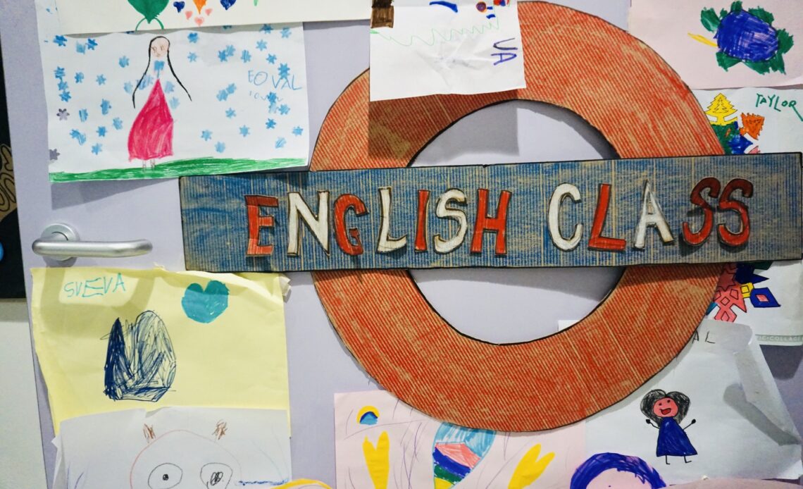 Decorated English preschool classroom door