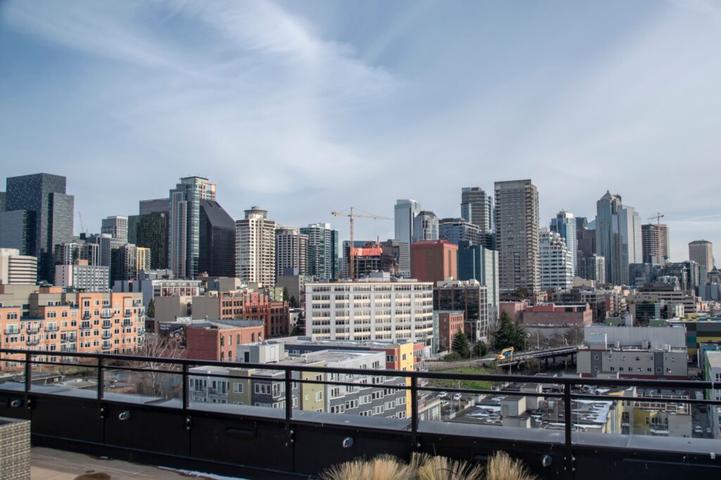 Downtown Seattle skyline from a condo building rooftop