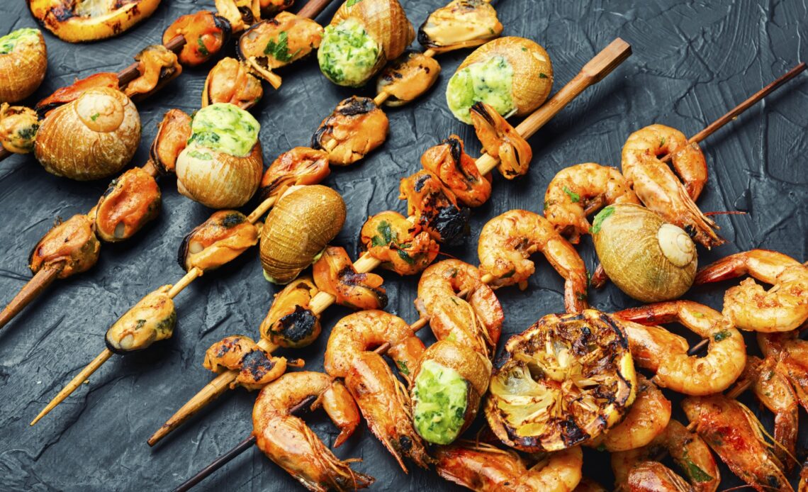 Grilled seafood on a skewer