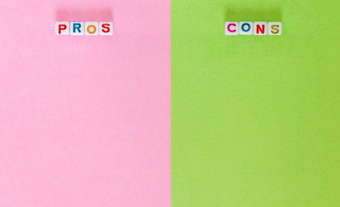 Pros and Cons, blank paper with different colours to write positives and negatives
